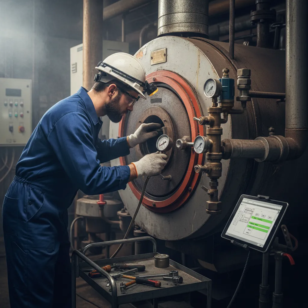Engineer inspecting a boiler, identifying signs it needs a service in Great Maplestead