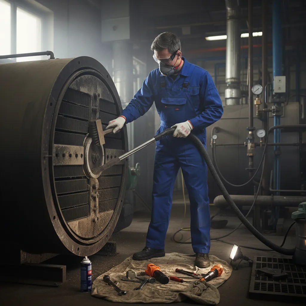 Engineer cleaning boiler during service in Witham