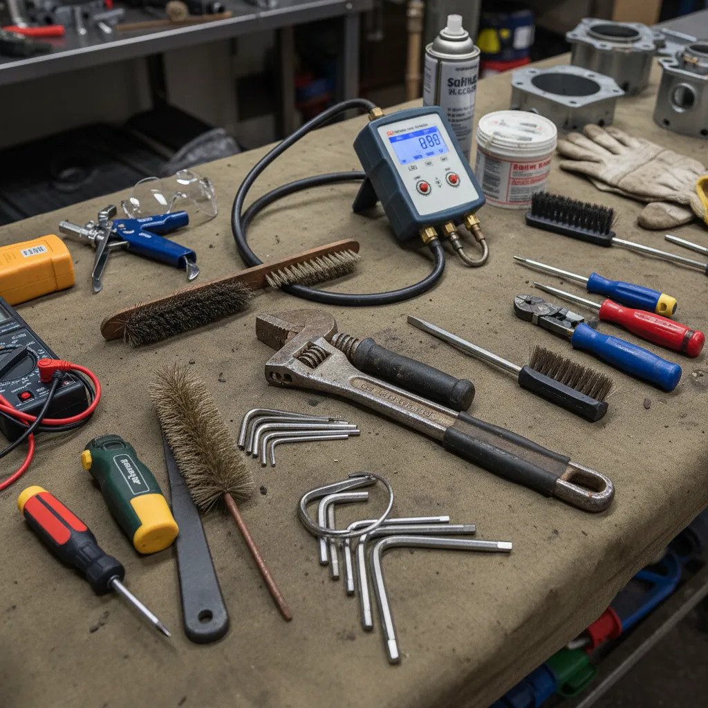 Close-up of boiler servicing tools, indicating maintenance