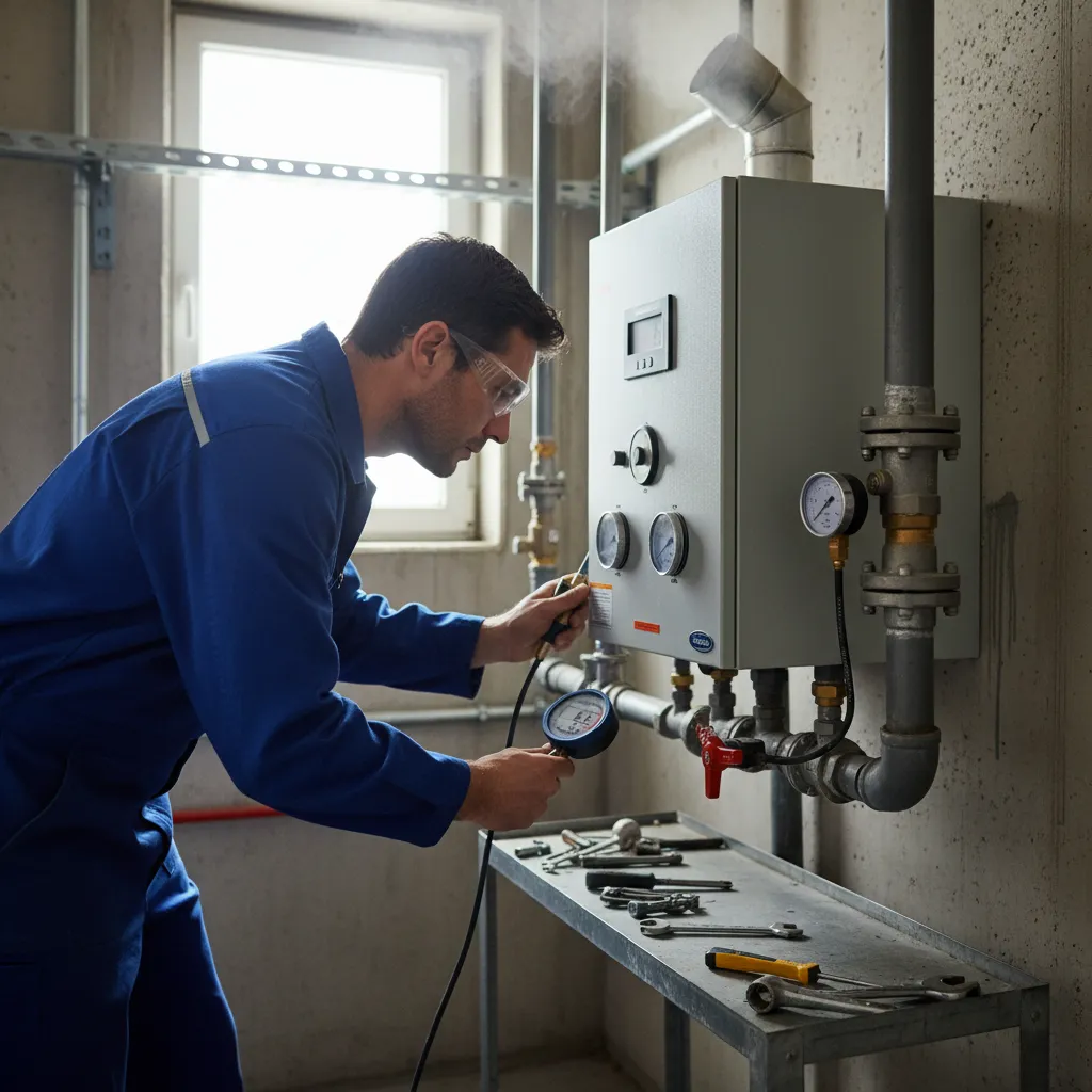 Boiler technician checking pressure flow during service
