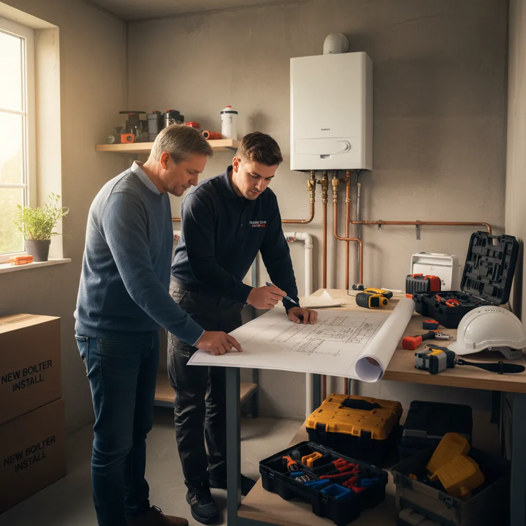 Customer and installer reviewing boiler plan