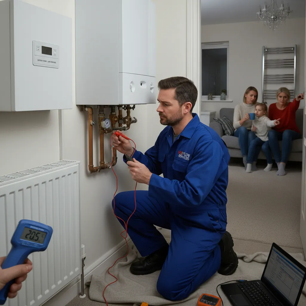 Engineer checking boiler for cold radiators in Braxted