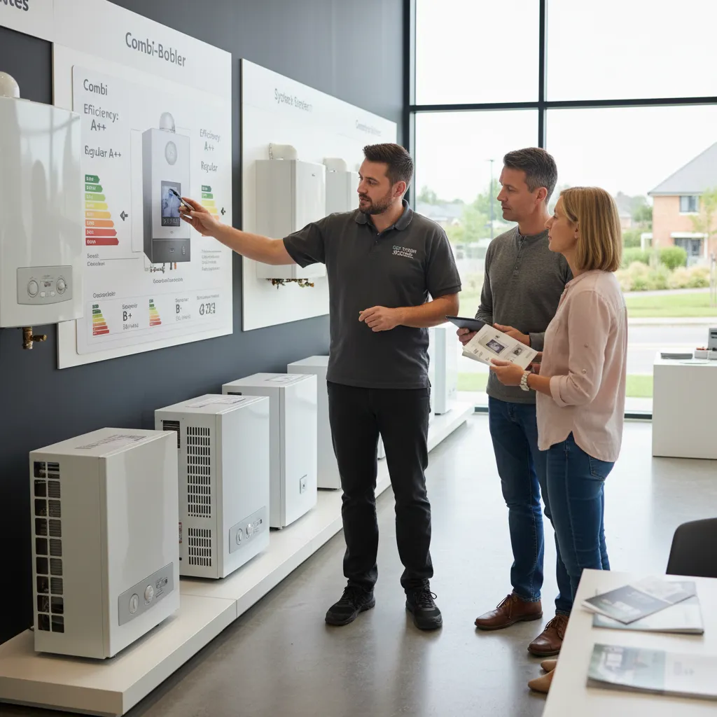 Engineer explaining boiler to homeowner