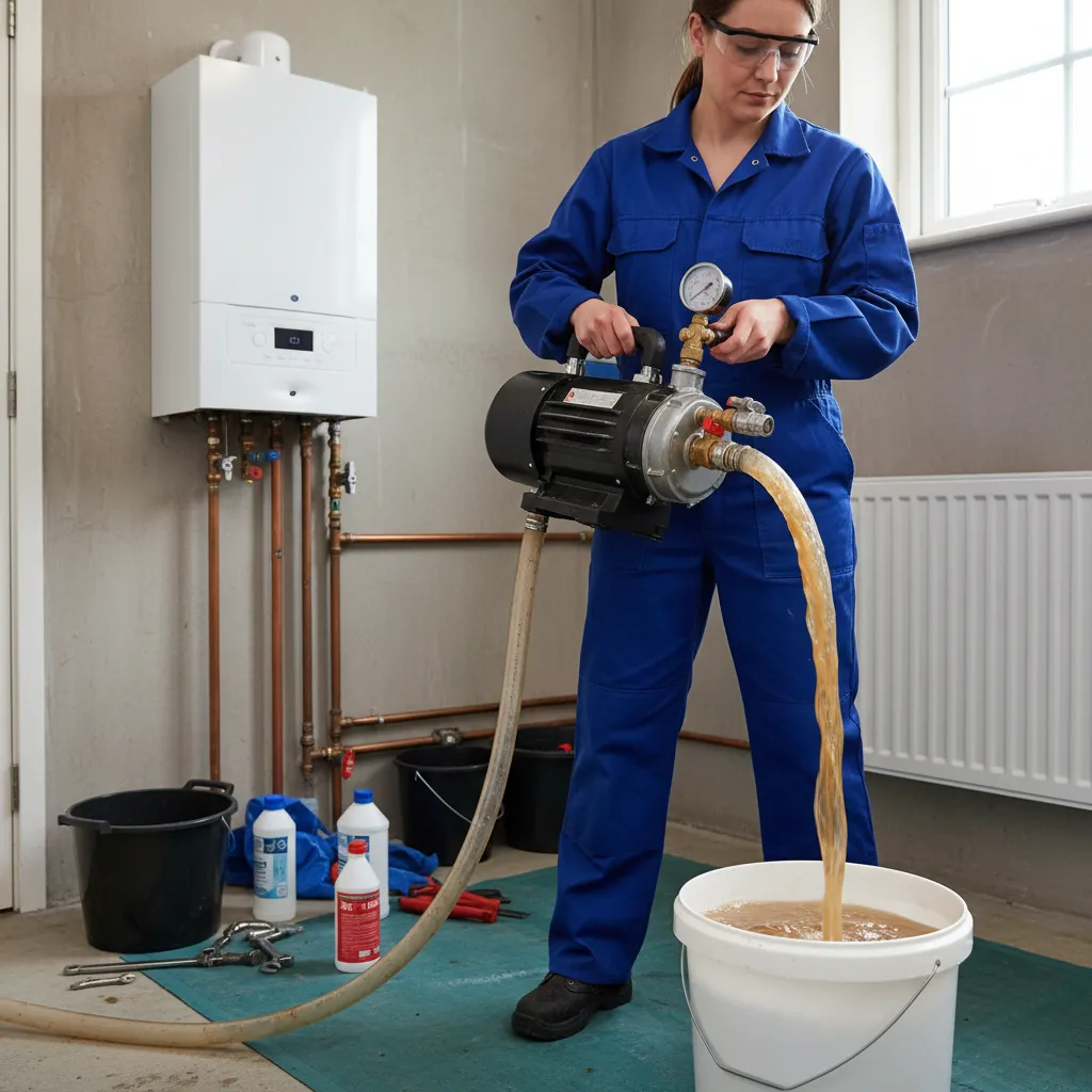 Heating engineer performing system flushing to improve efficiency in Kelvedon