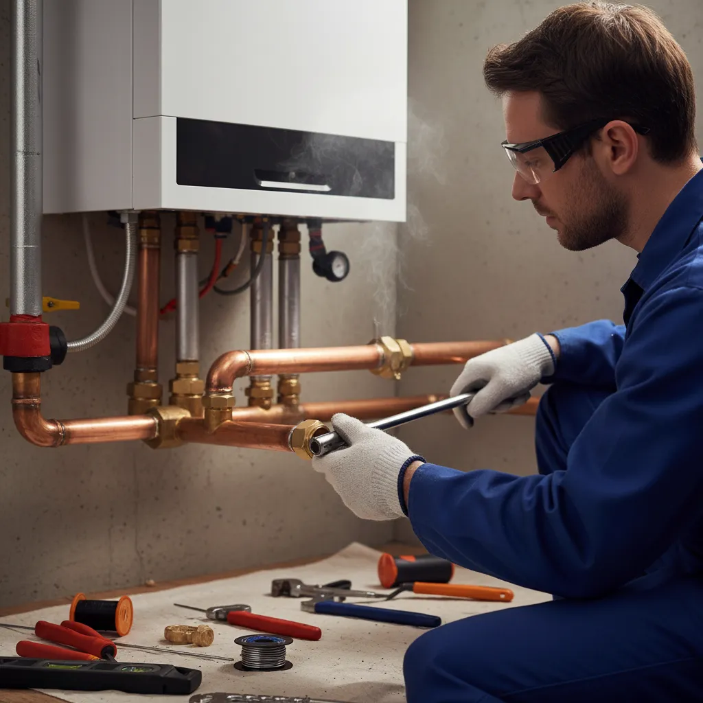 Engineer installing boiler pipework
