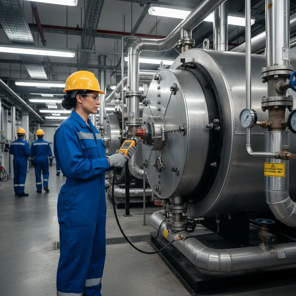 Engineer testing boiler pressure