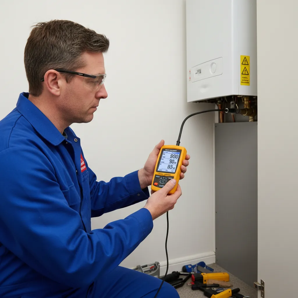 Gas Safe engineer performing a carbon monoxide test during boiler servicing