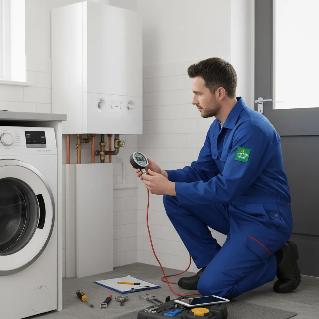 Gas Safe engineer performing quality check on new boiler