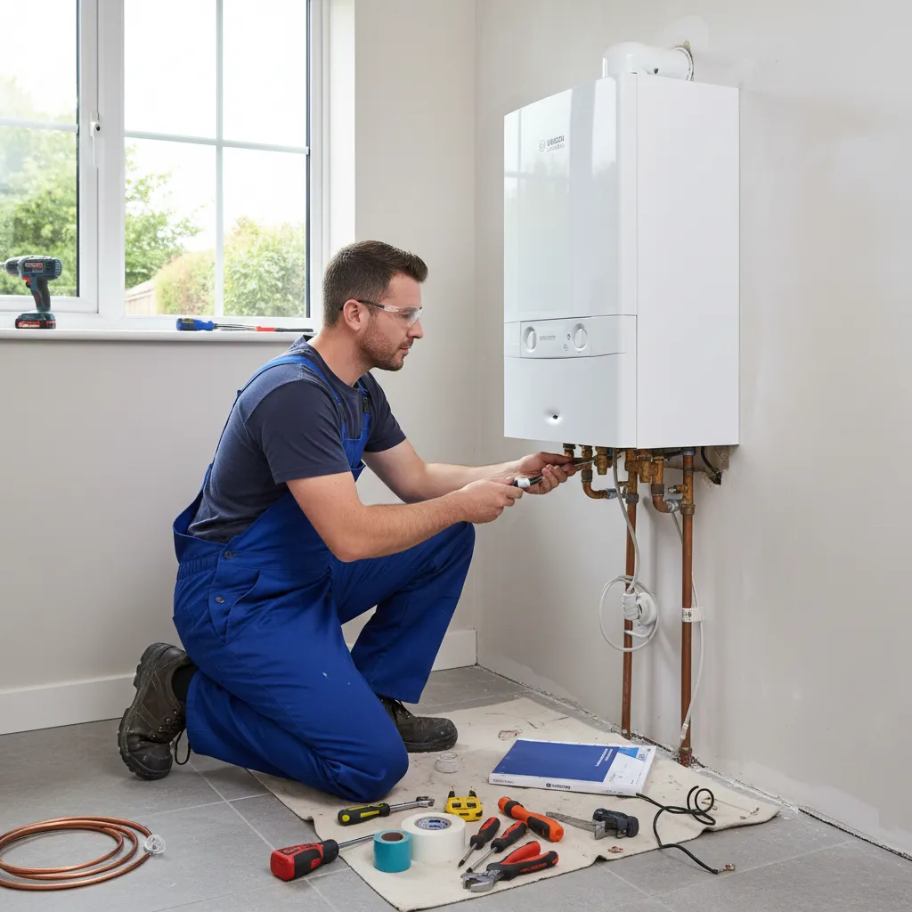 Heating engineer installing a combi boiler in Cressing