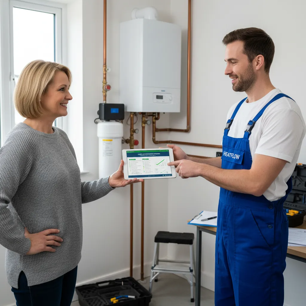 Homeowner reviewing boiler maintenance report with engineer