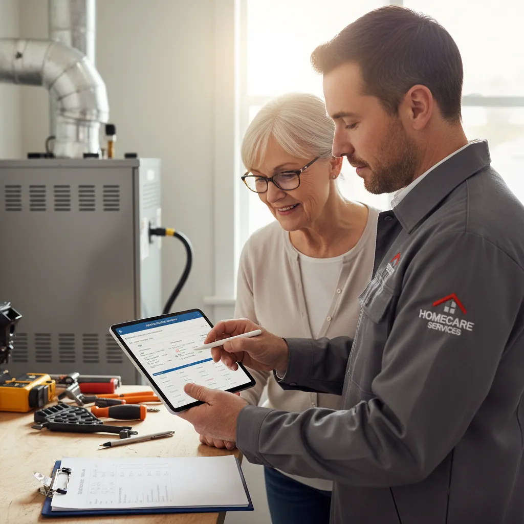 Homeowner receiving boiler service report from engineer