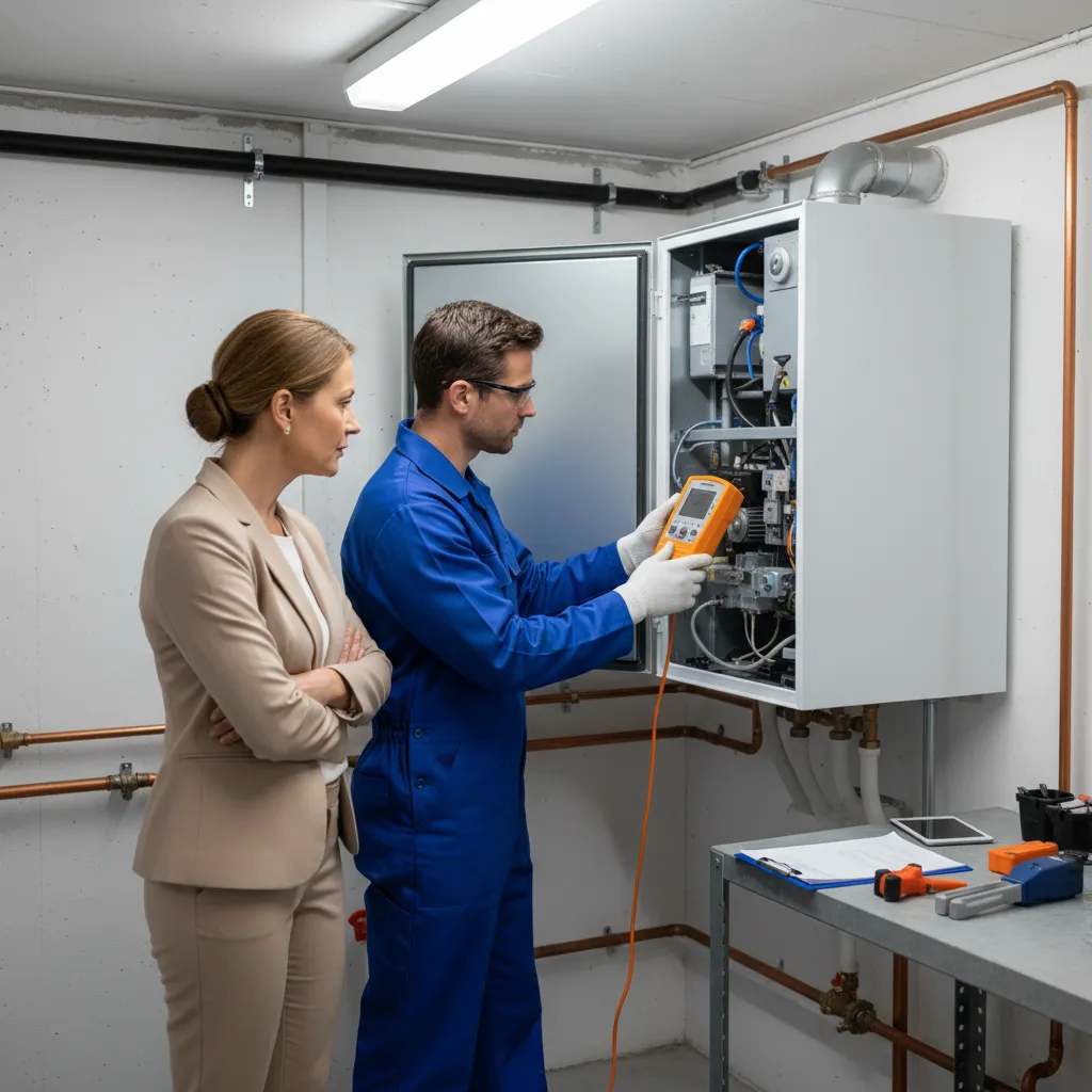 Boiler technician discussing service with a homeowner in Cressing